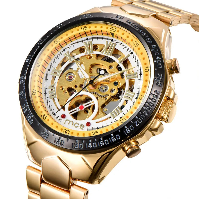 MCE men's explosion proof automatic mechanical watch with stainless steel case and leather strap.
