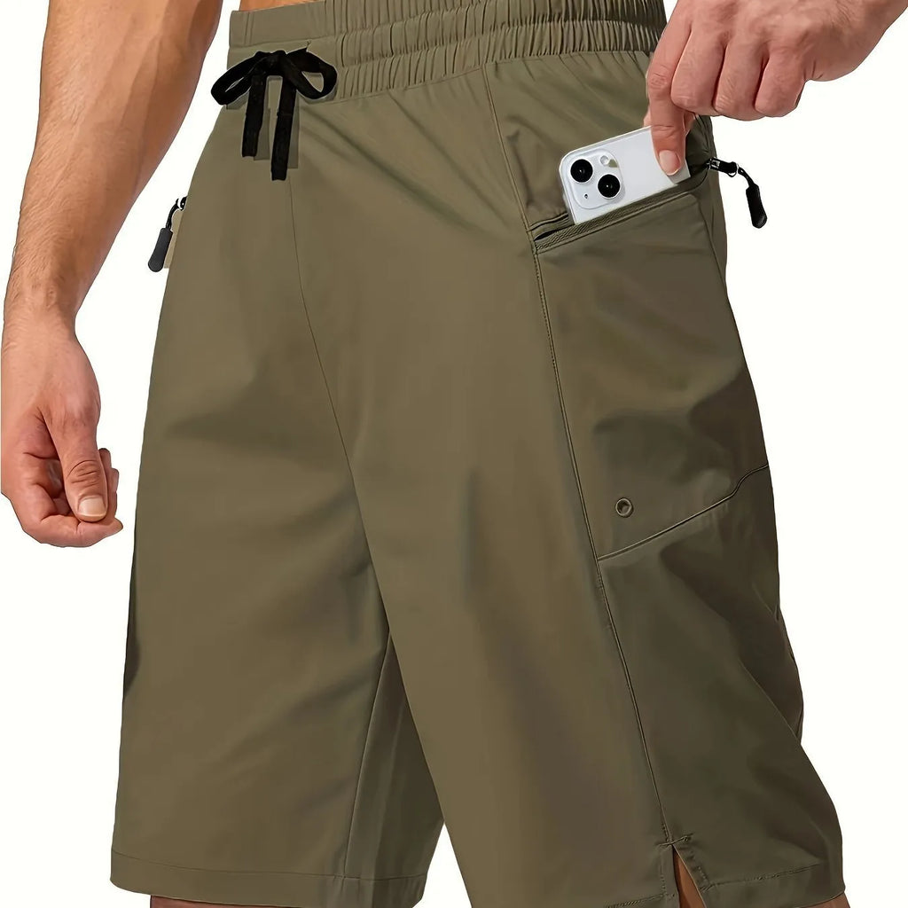Men's quick-dry polyester beach shorts shown in multiple colour options with straight leg cut.