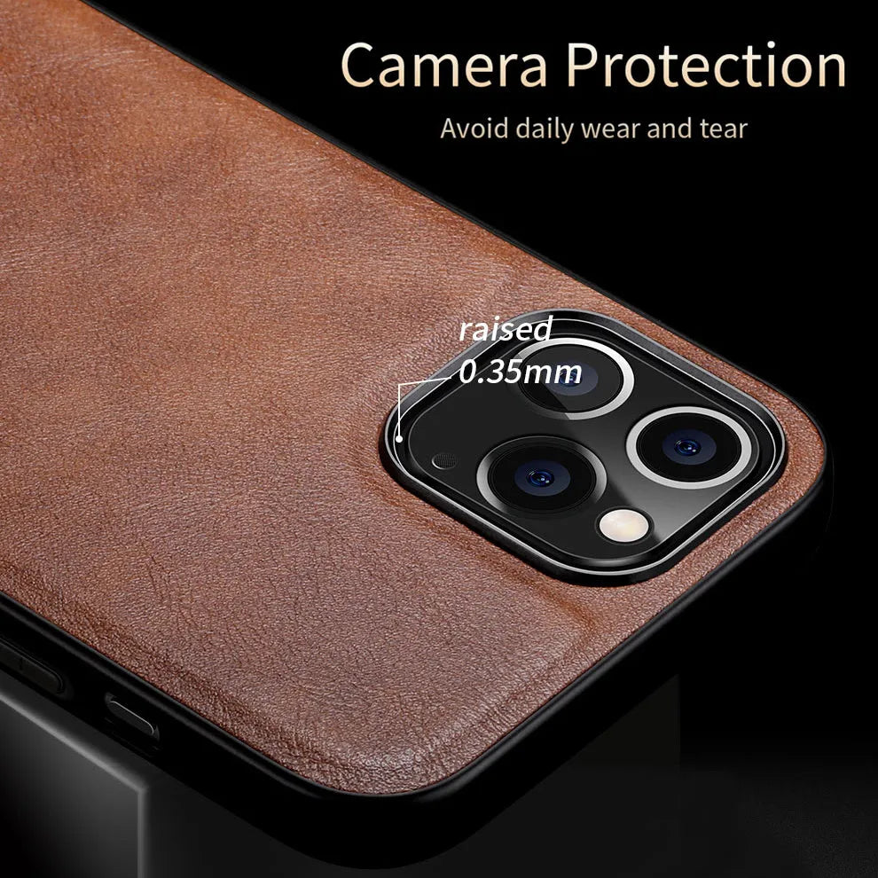 Black PU leather and TPU business phone case for iPhone 12 on a wooden table