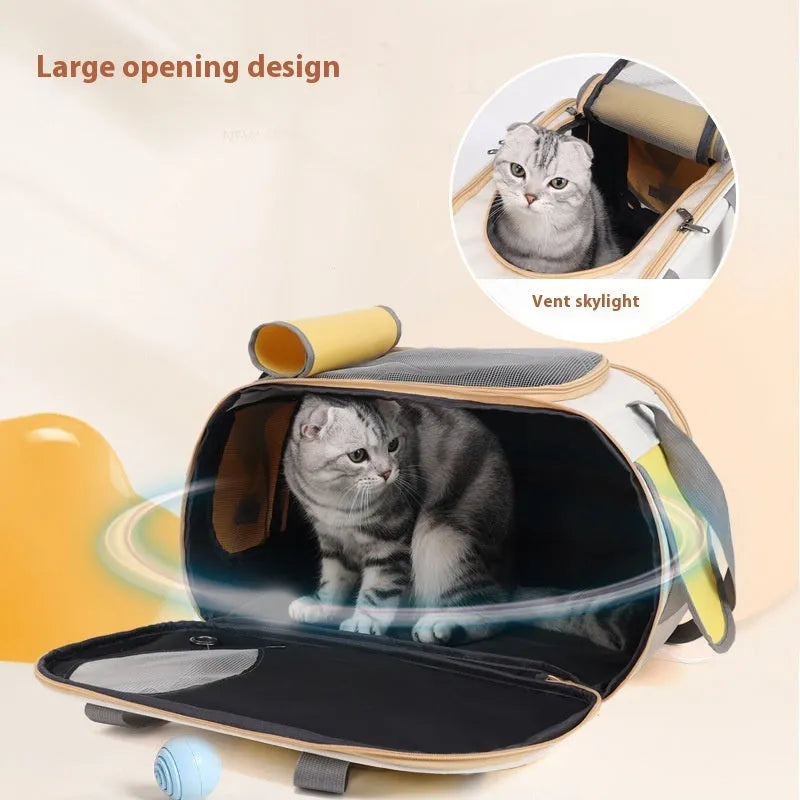 Foldable single shoulder pet carrier backpack in canvas material, shown in yellow colour.