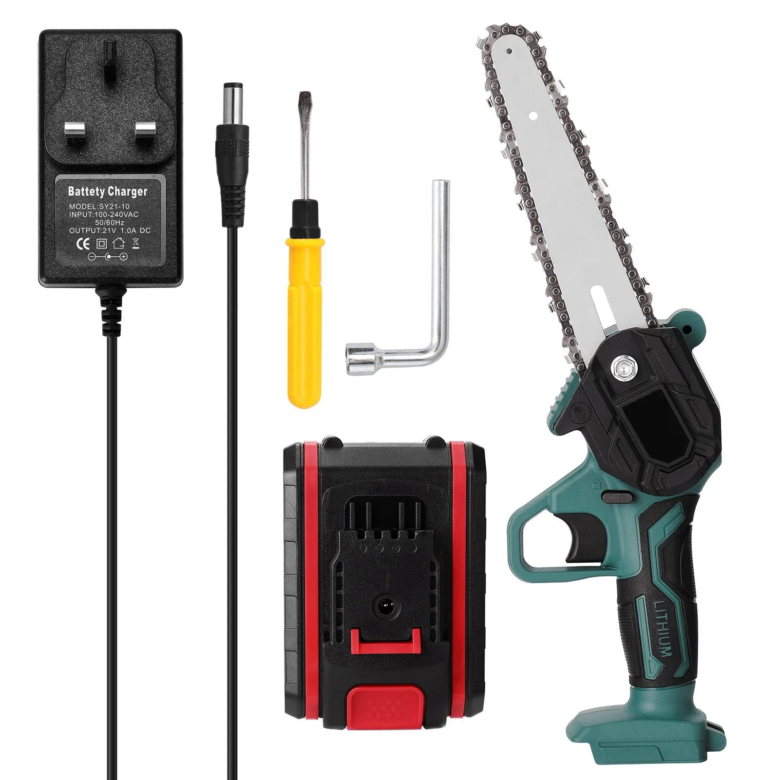 Black one-handed mini electric chainsaw with 4 inch guide bar on a workbench.