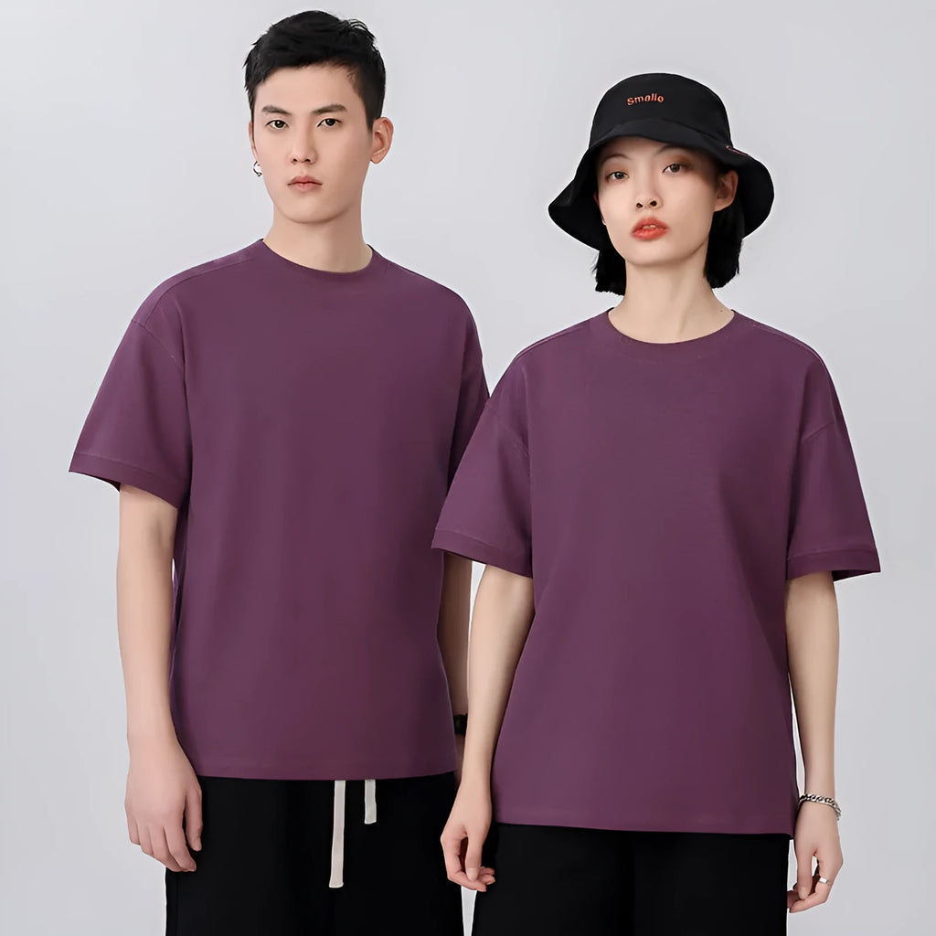 Breathable loose fit cotton short-sleeved t-shirt in a solid colour on a hanger.