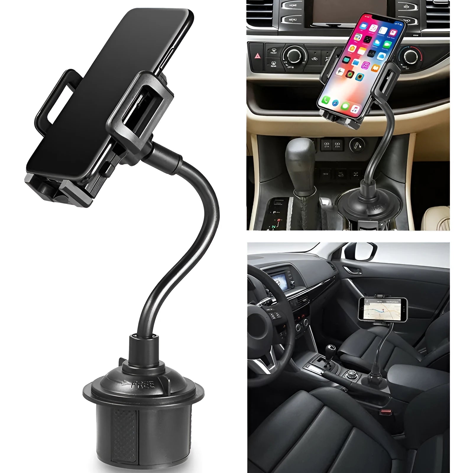 Black universal car phone mount bracket with adjustable side handles shown mounted on a car vent