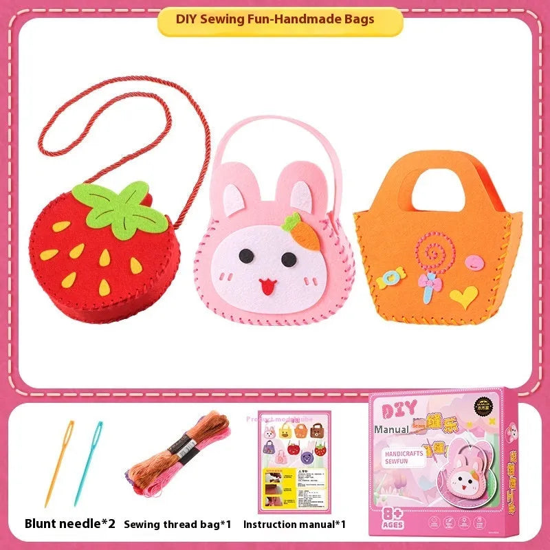 Children's non-woven cloth sewing kit with animal six models, needle, thread, and silver beads in a colour box