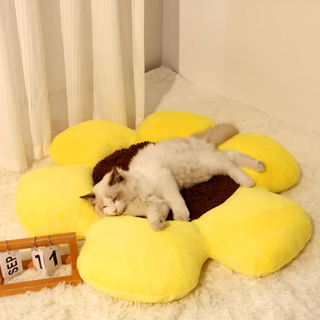 85cm round flower pattern cat nest with plush fabric and sponge-filled walls in blue colour