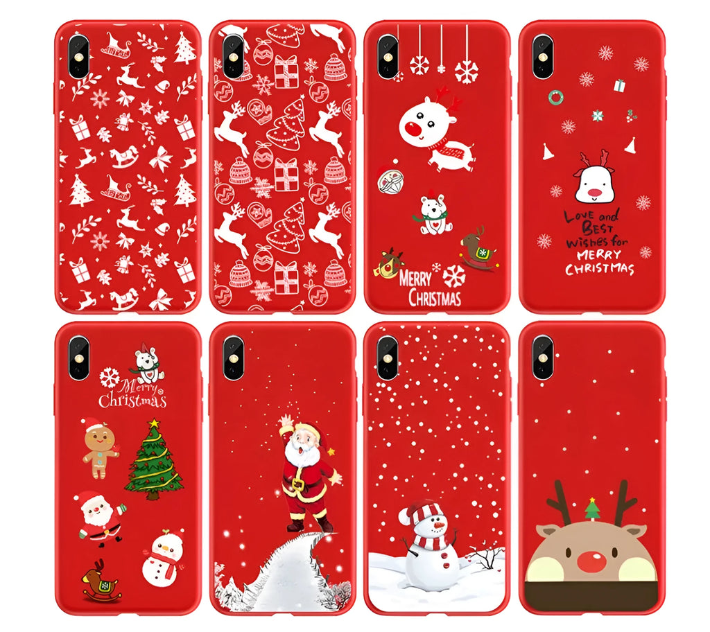 Christmas-themed painted back cover phone case for various iPhone models on a festive background.
