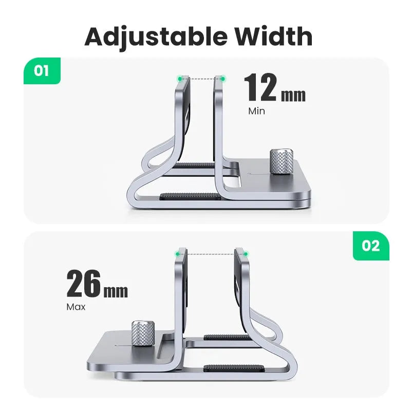 Silver aluminium laptop cooling stand with hollow design and width adjustment mechanism