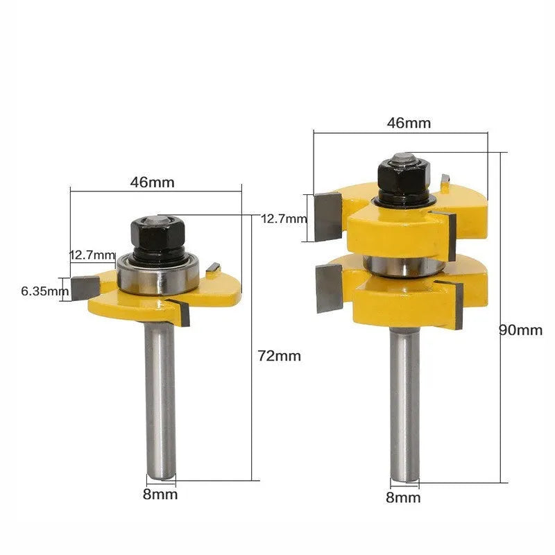 Carbide T-slot milling cutter with three teeth and 8mm straight shank for woodworking.