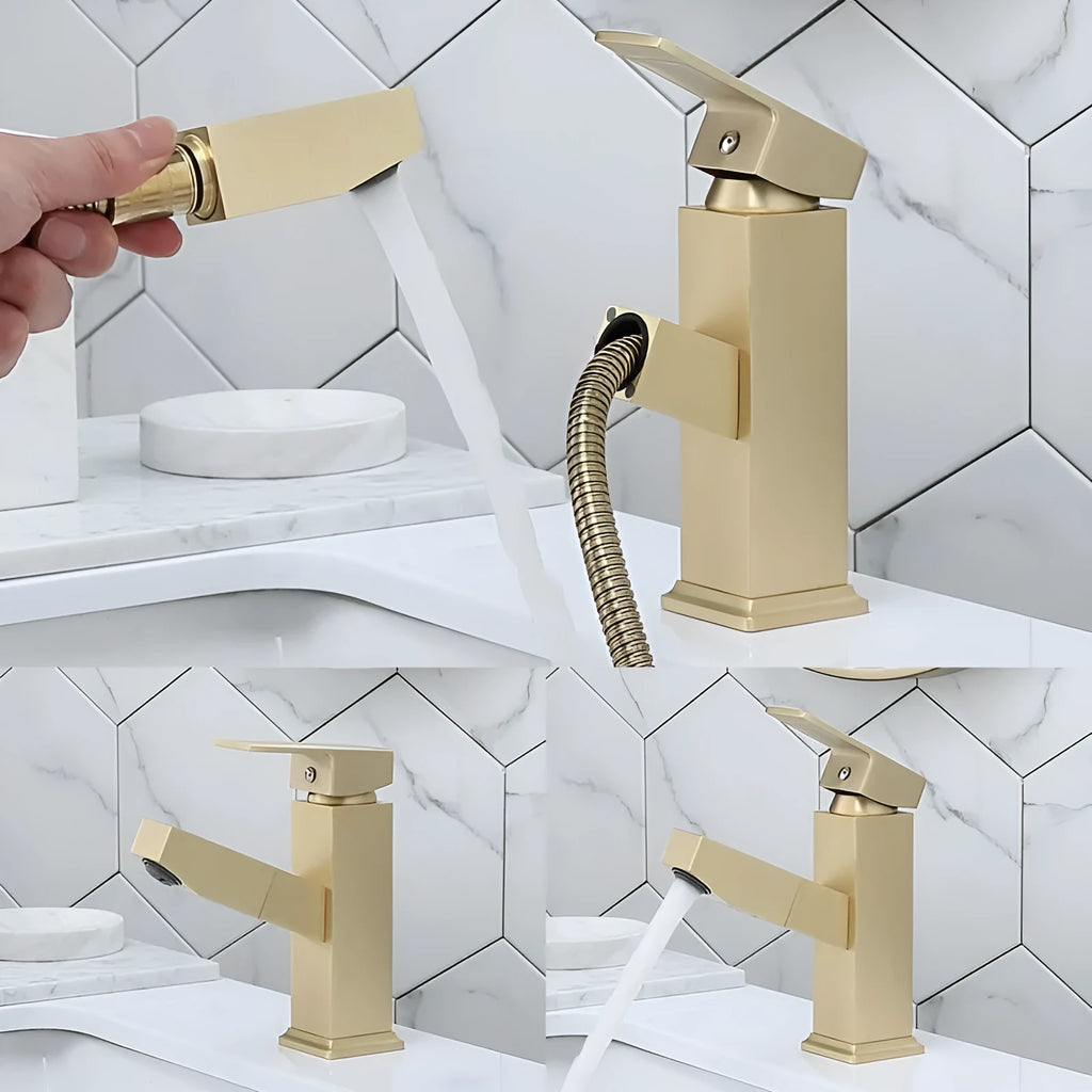 Square pull faucet in brushed brass with electroplated gold finish for hot and cold water control
