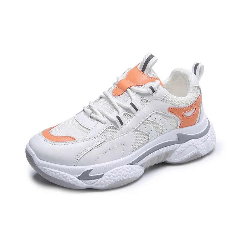 Women's breathable single mesh platform casual sports shoes in grey, pink, and orange with round toe and stitching detail