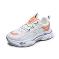 Women's breathable single mesh platform casual sports shoes in grey, pink, and orange with round toe and stitching detail