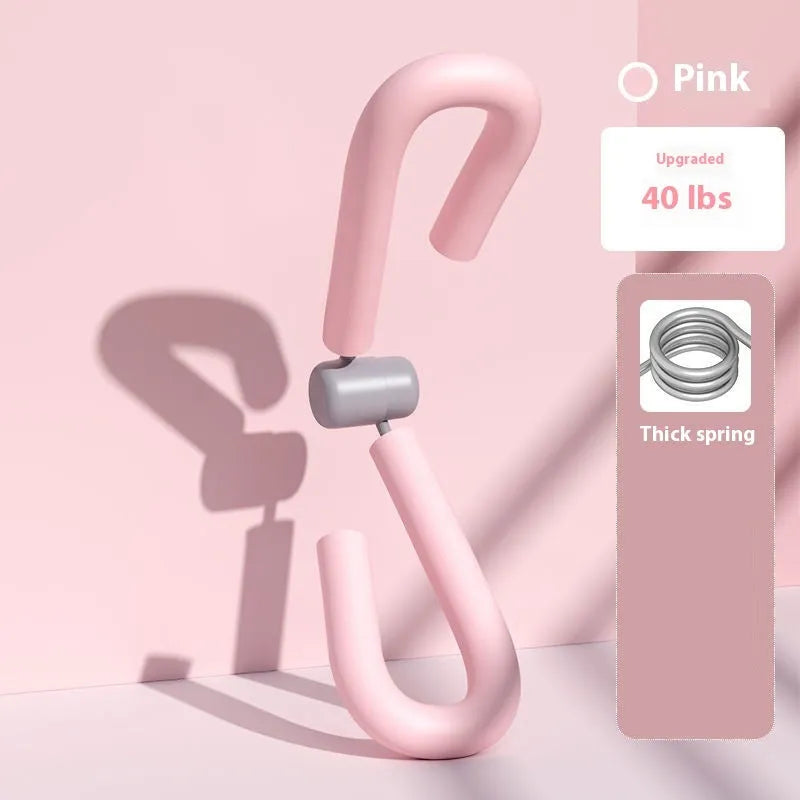 Yoga four-piece set with leg stretching device, yoga ring, pedal puller, and figure-eight tension rope on a grey background.