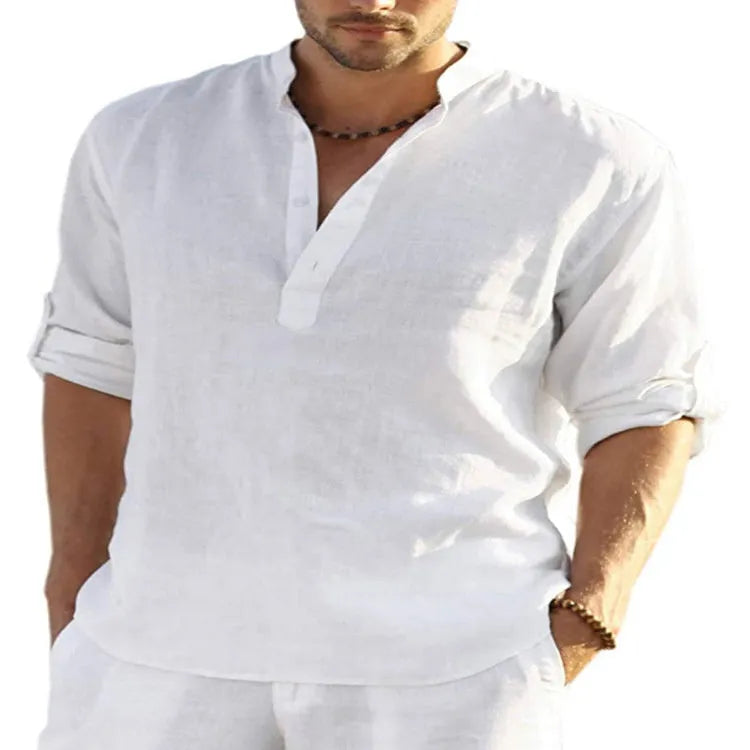 Men's casual cotton linen shirt in a solid colour with a stand collar and long sleeves.