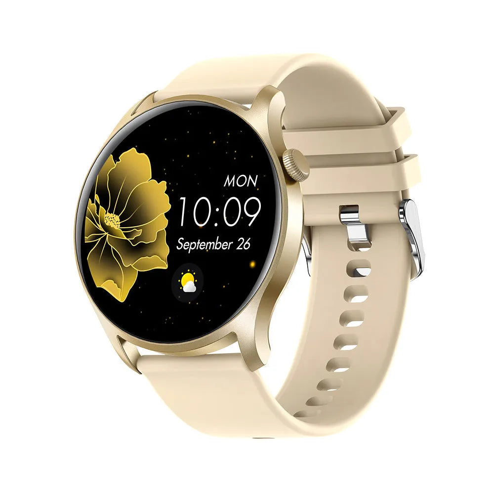 Smart watch with heart rate and blood pressure monitoring on wrist, showing black, gold, pink, and silver colour options