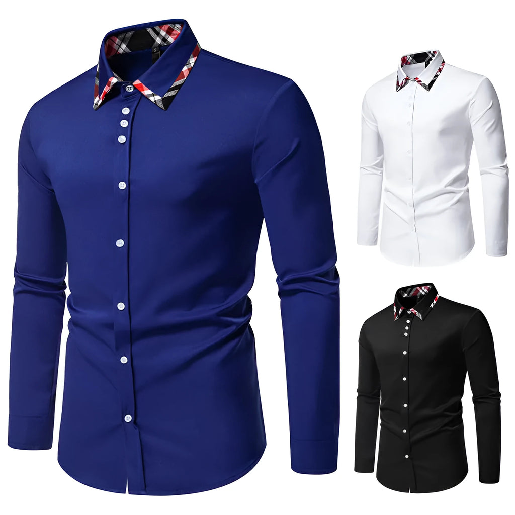 Men's plaid long sleeve shirt with a triangle collar in blue, showing contrast colour detail.