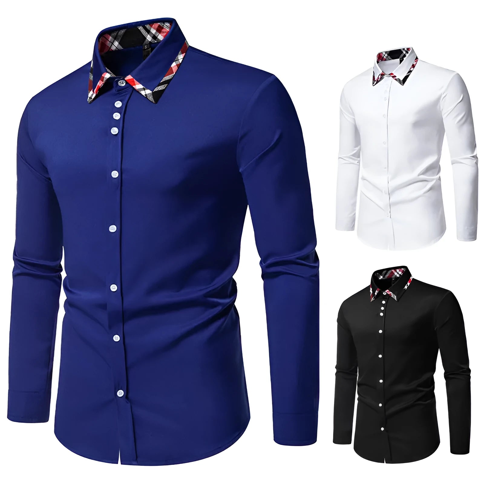 Men's plaid long sleeve shirt with a triangle collar in blue, showing contrast colour detail.