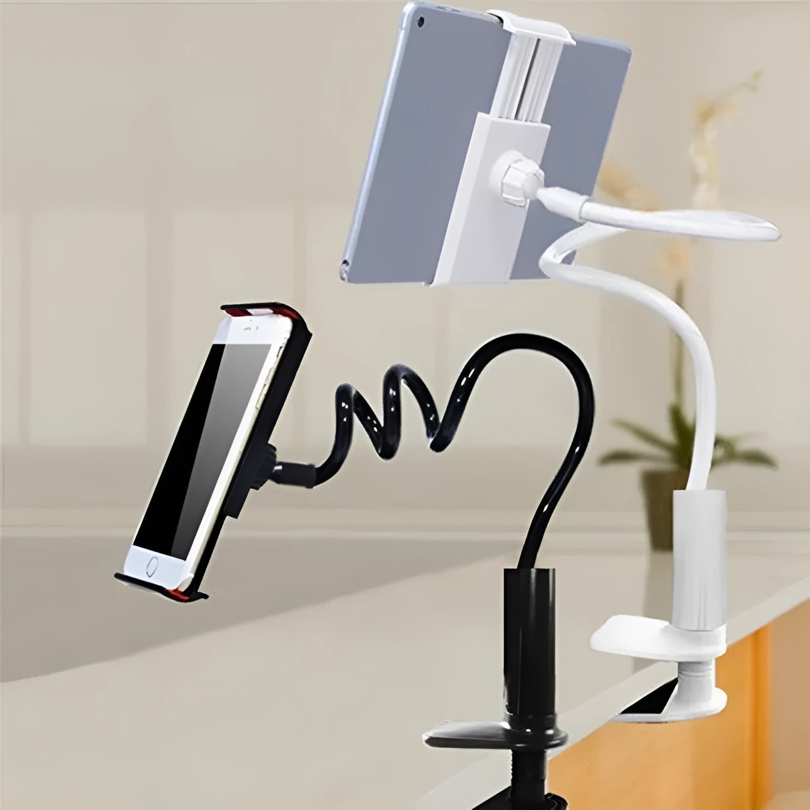 Flexible mount holder with suction base holding tablet at adjustable angle