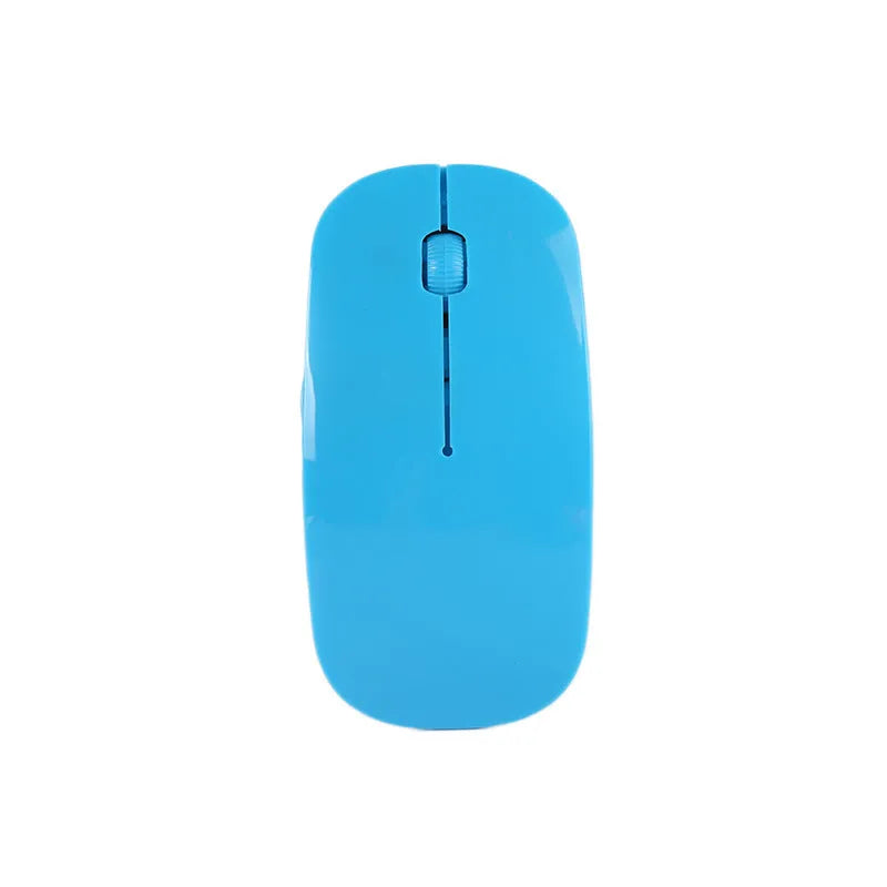 Wireless computer mouse in one of six colours: black, blue, green, pink, red, or white, with USB receiver