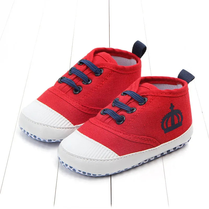 Cotton canvas baby shoes with elastic band in red and white colours