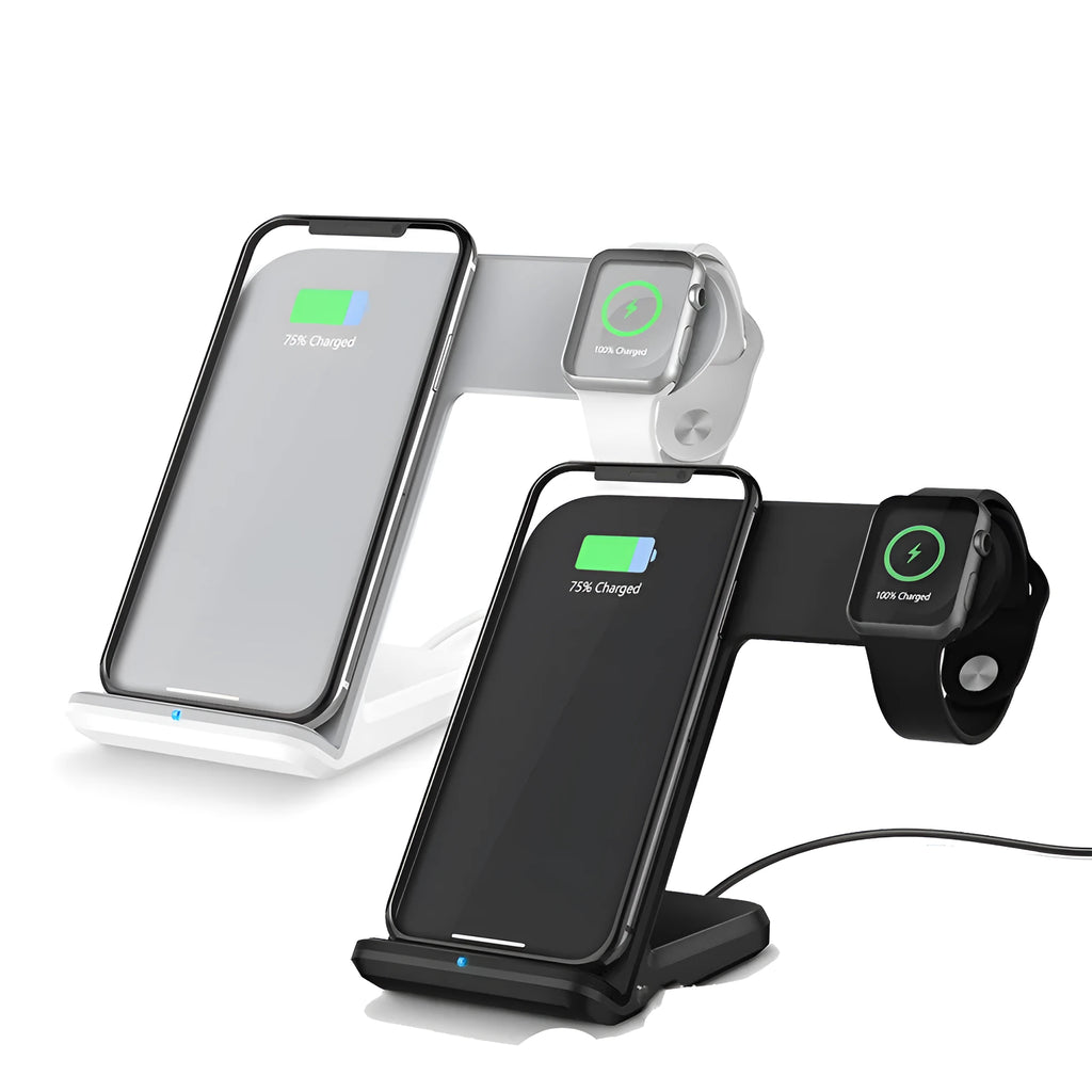 Black and white wireless phone charger with Type-C cable on a desk