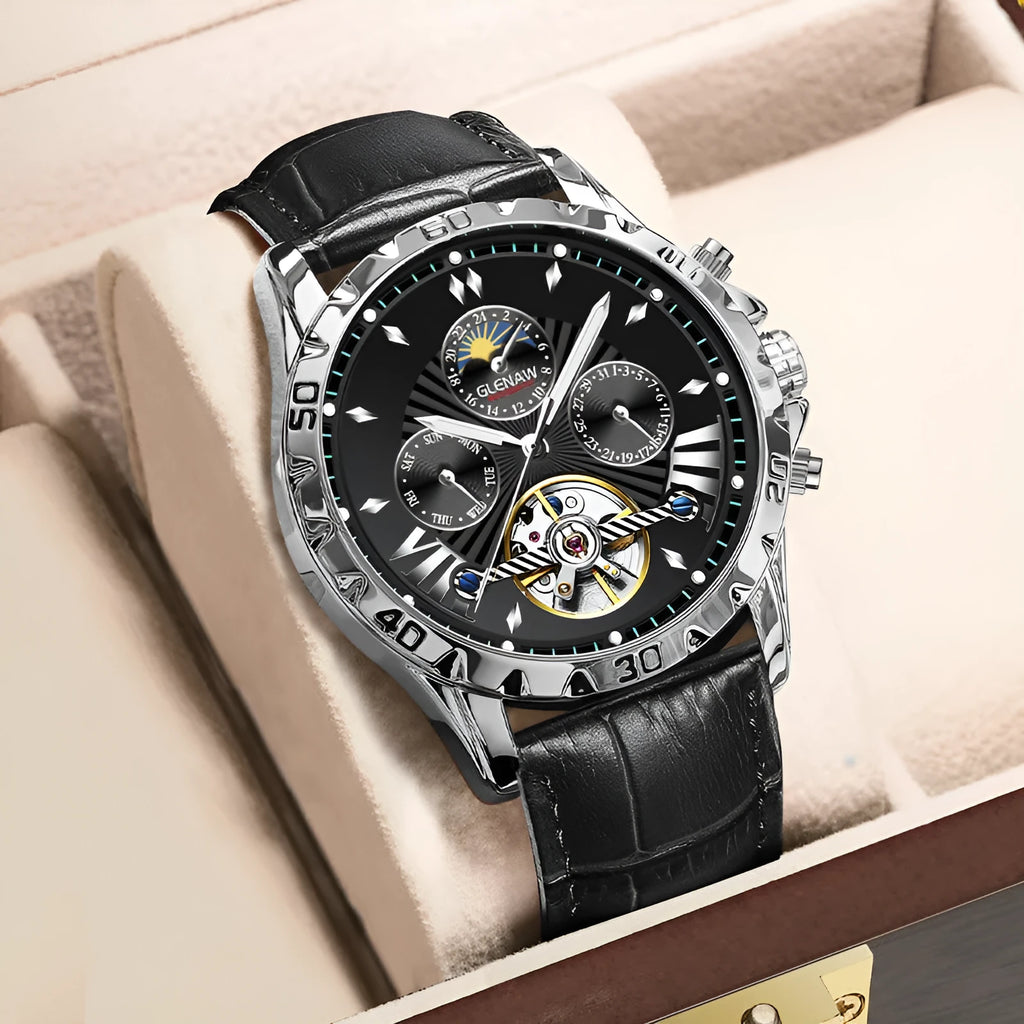 Men's automatic mechanical watch with hollowed-out dial, silver case, green circle, and black leather strap