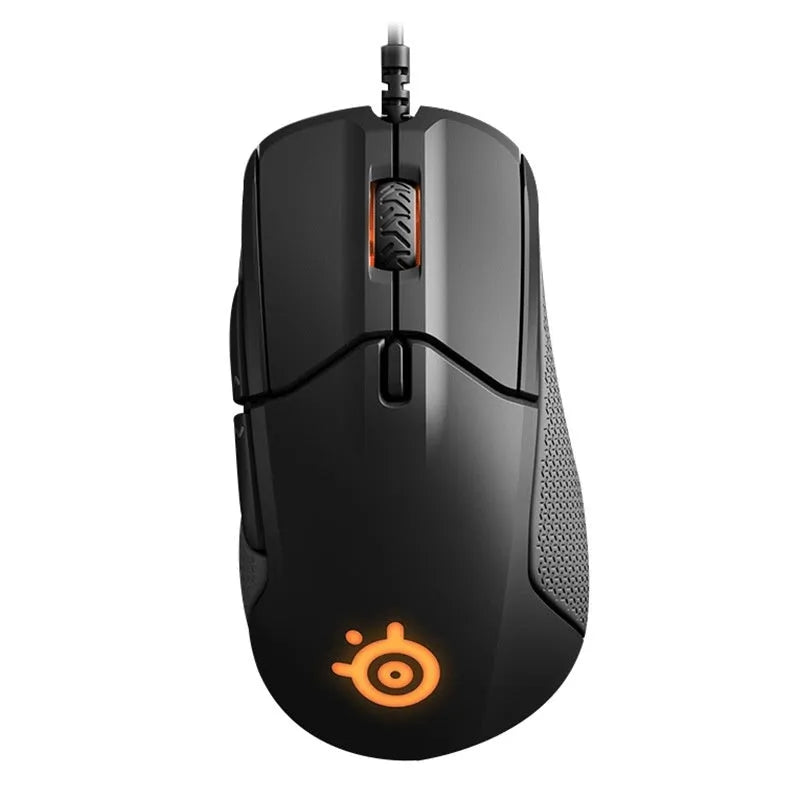 Wired mechanical gaming mouse in black with ergonomic shape, 12000 DPI, six buttons, and USB cable