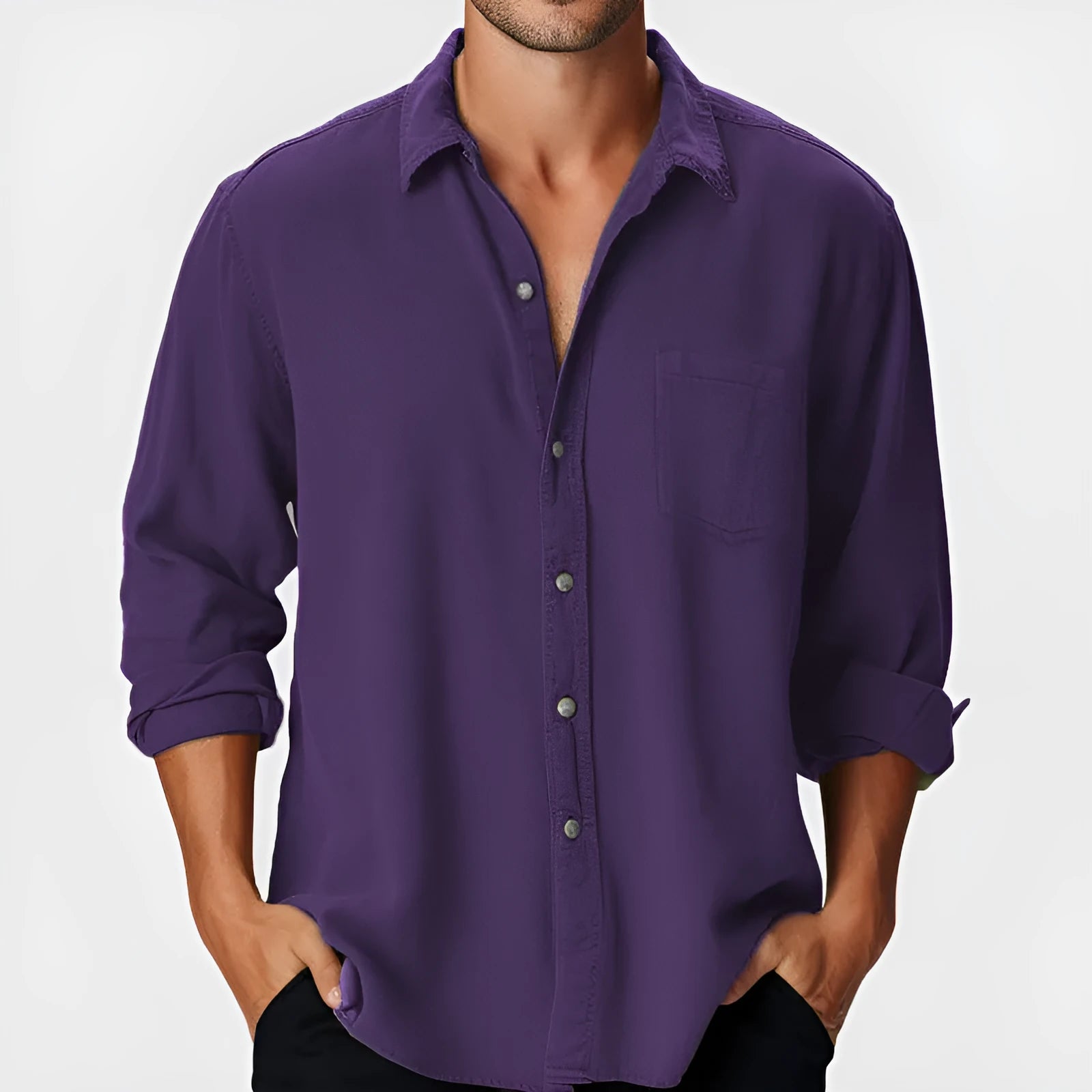 Men's loose fit beach holiday shirt with stand collar and long sleeves in polyester fabric