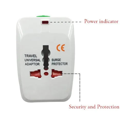 White universal travel plug adapter on a grey background showing its compact size.