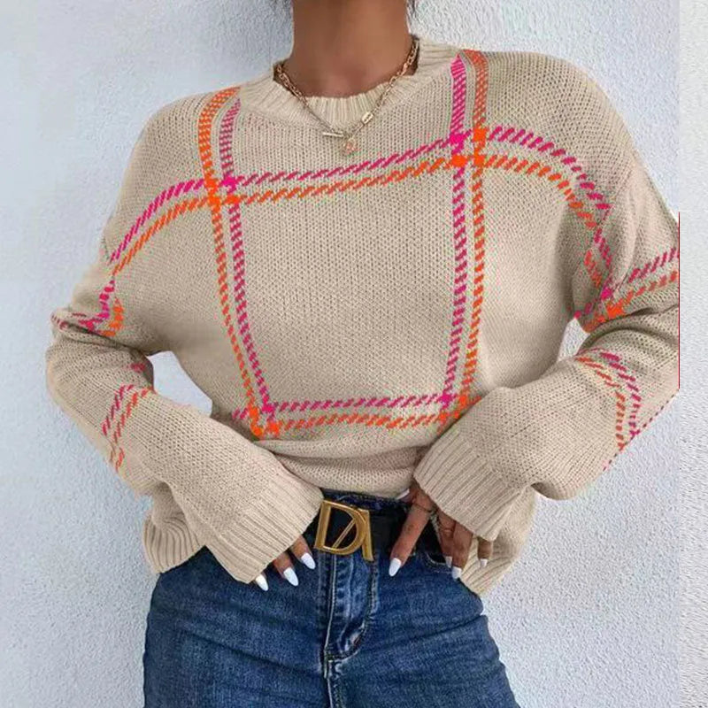 Women's casual plaid colour-block crew neck sweater in acrylic fabric on a hanger.