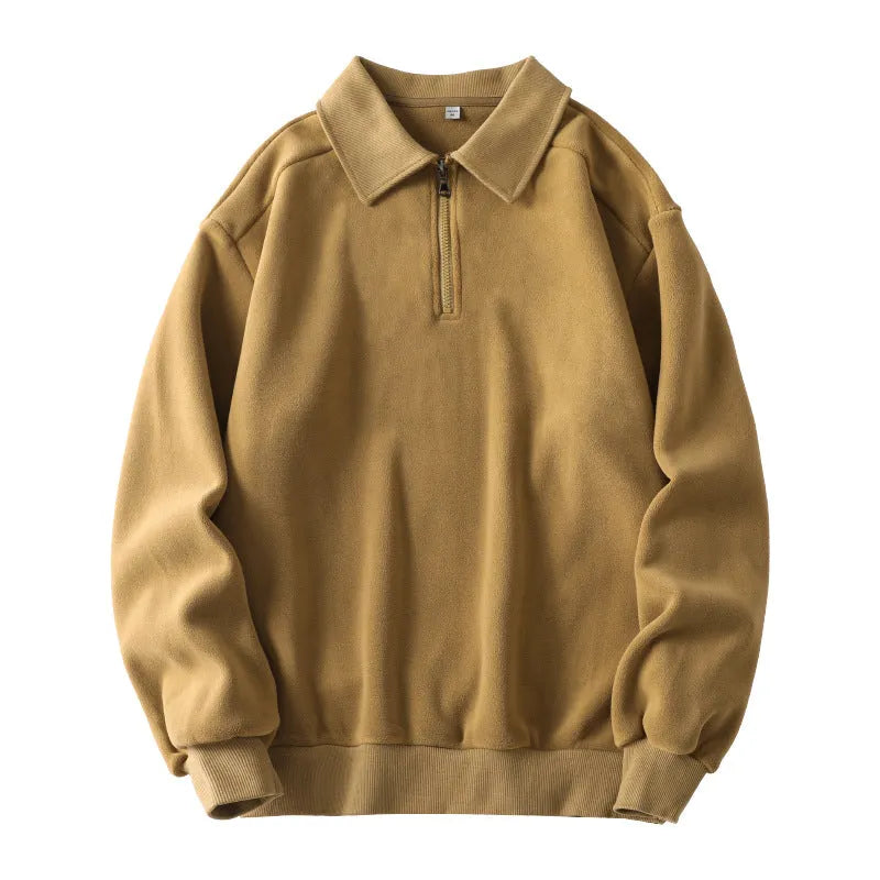 Men's fleece half-zip hoodie in Haze Green, long sleeve winter top with hood and full zip front