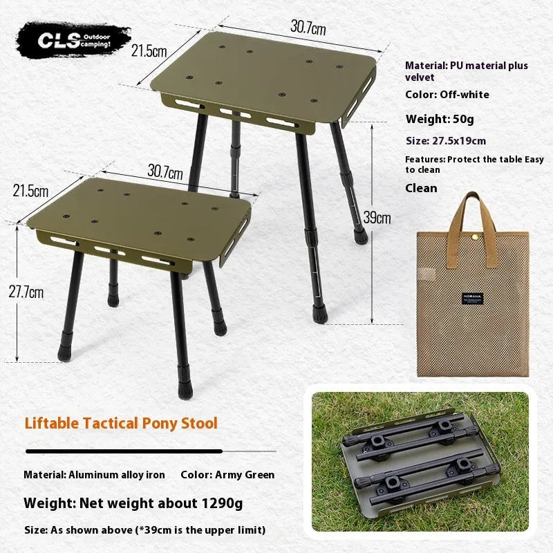 CLS aluminium folding camping stool shown in dual-use mode as a seat and small table with storage bag.