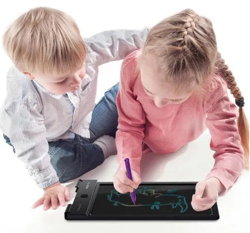 Black electronic LCD tablet with stylus, 229.25x149.45x10.5 mm, full-perspective screen, CR2032 battery