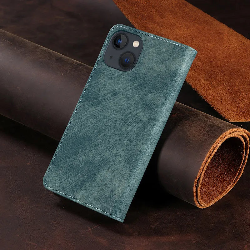 Magnetic flip phone case in synthetic leather showing closed front cover and open view revealing card slot for iPhone.
