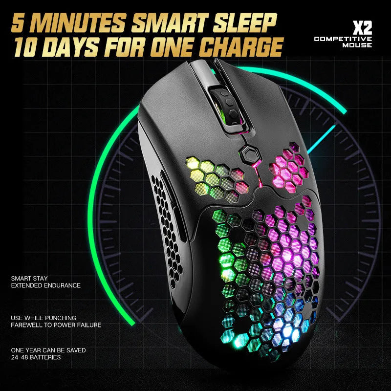 Free Wolf X2 wireless gaming mouse in black with RGB lighting, shown on a mouse mat