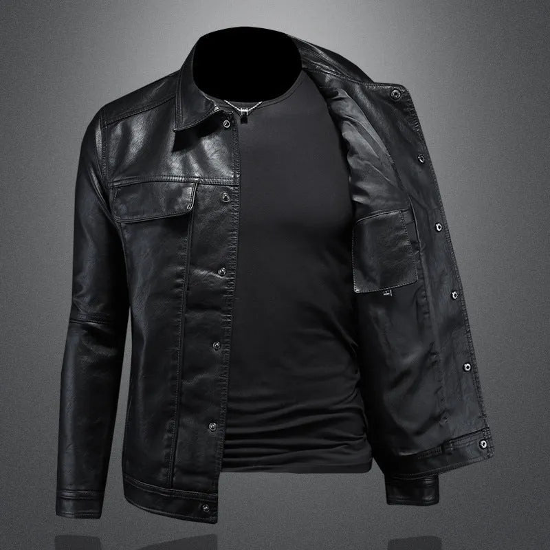 Men's loose fit synthetic leather motorcycle jacket with lapel collar in black