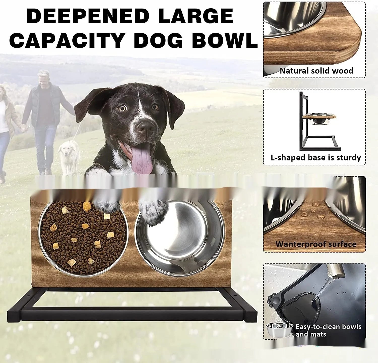 Black iron dog bowl rack stand holding three different sized pet bowls