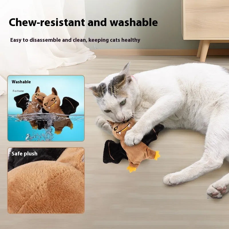 Rechargeable cat plush toy with swing wings in Halloween bat style on a light background