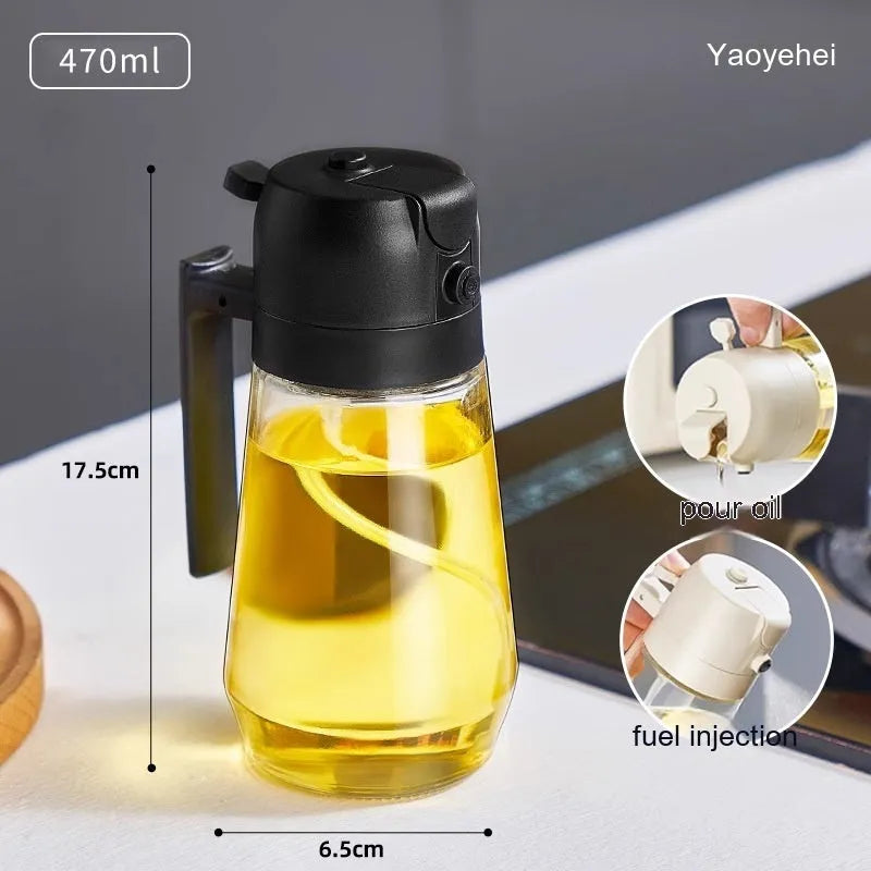 470ml glass oil sprayer and pour bottle in beige, black, green, and yellow colours with ergonomic handle