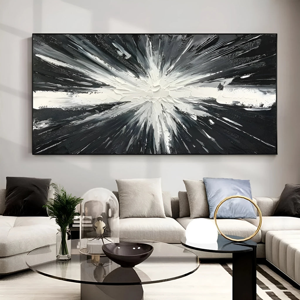 Modern horizontal hand-painted abstract oil painting on canvas in black and white texture for living room decor
