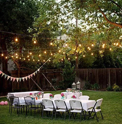 Waterproof solar-powered LED string lights for outdoor garden and patio decoration.