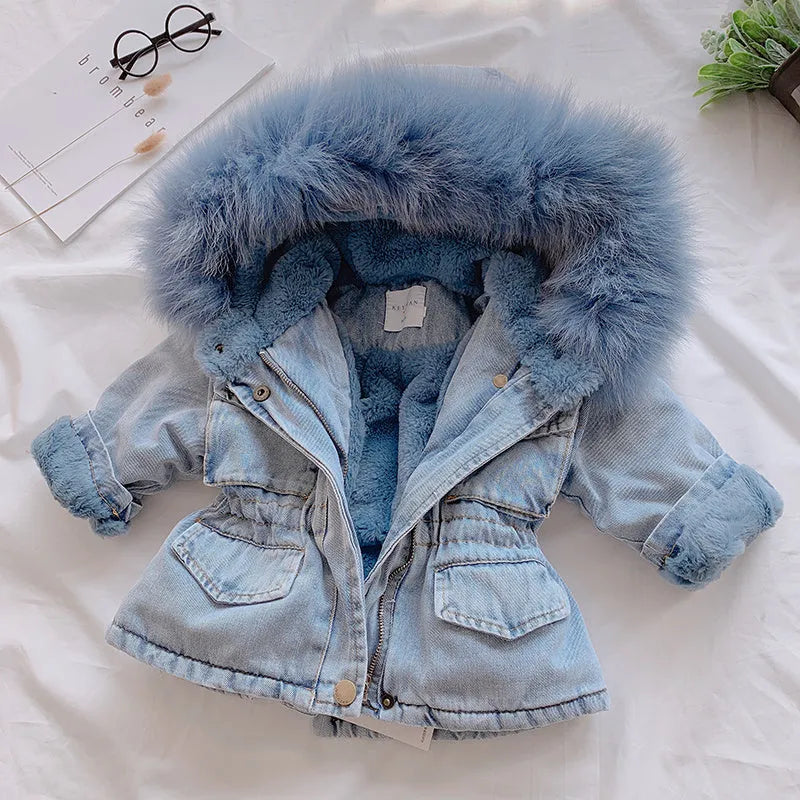 Blue girls denim coat with non-detachable hood and fleece lining.