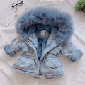 Blue girls denim coat with non-detachable hood and fleece lining.