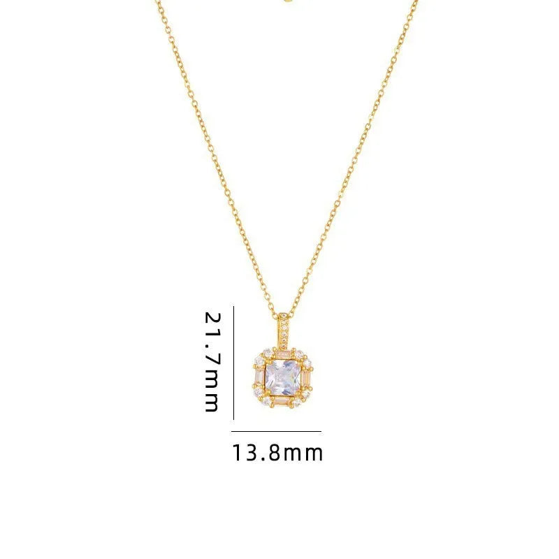 Geometric quadrilateral pendant necklace with mixed gem inlay on a gold titanium steel chain.