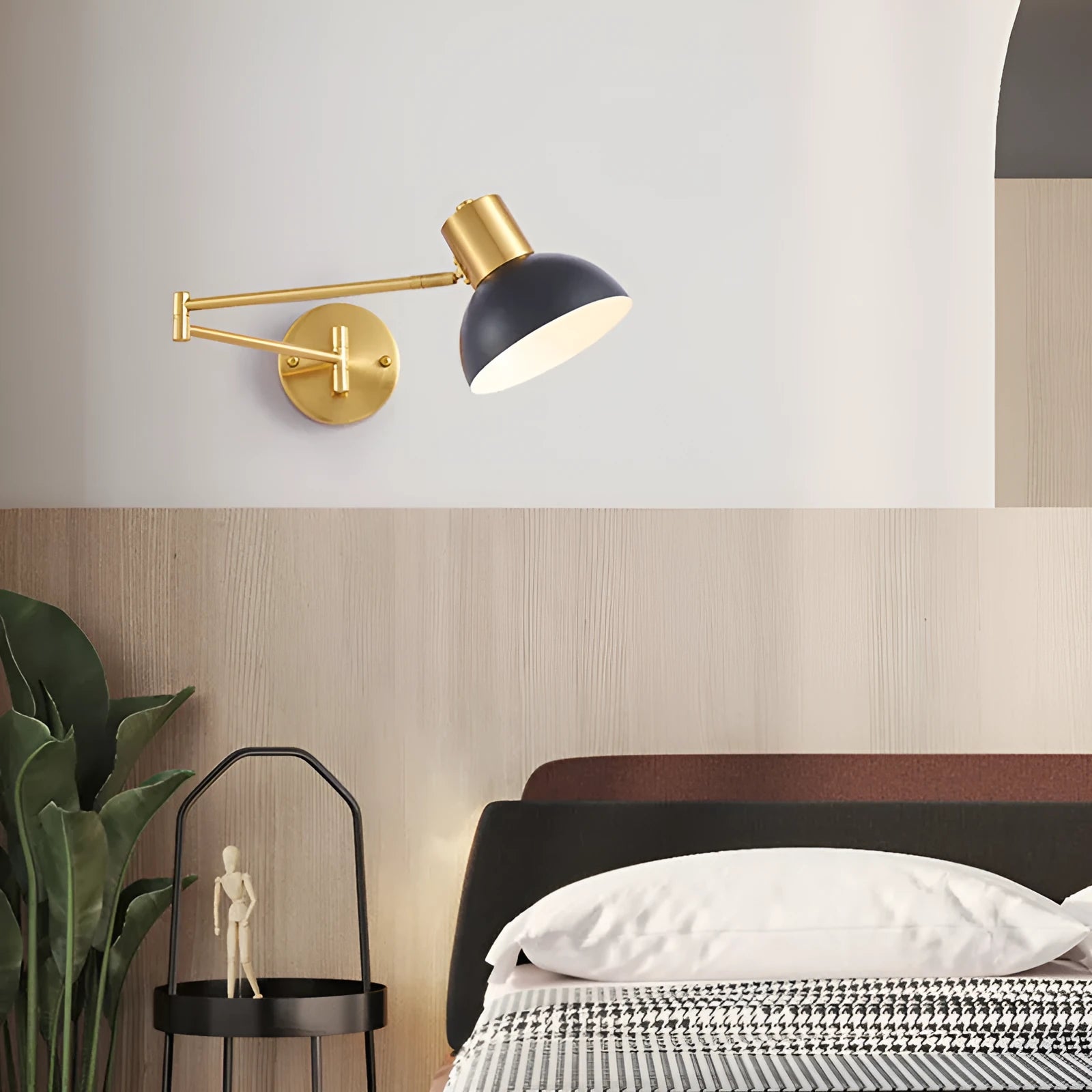 Modern double-section rocker arm wall lamp with adjustable arms and minimalist design mounted on wall