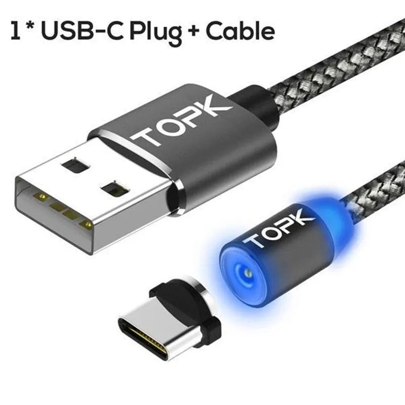 Aluminium alloy magnetic charging cable with three detachable plugs for Apple, Android, and Type-C devices.