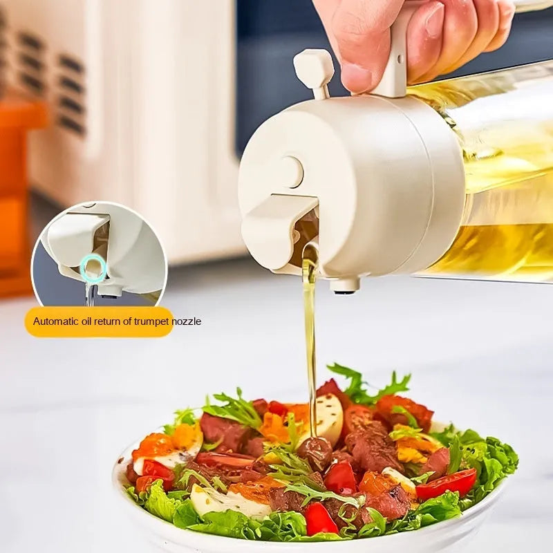 470ml glass oil sprayer and pour bottle in beige, black, green, and yellow colours with ergonomic handle