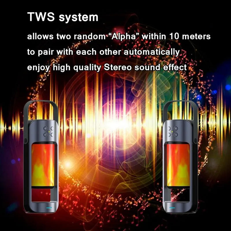 Blue portable Bluetooth speaker with dancing flame LED light showing wireless charging surface