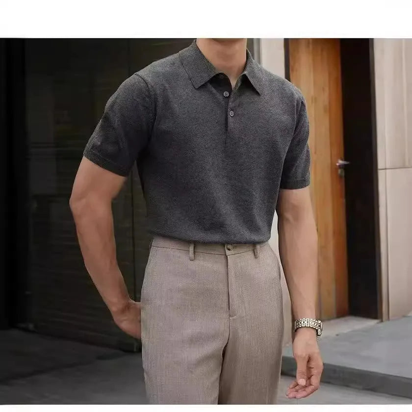 Men's cotton ice silk polo shirt with classic collar and short sleeves in multiple colour options