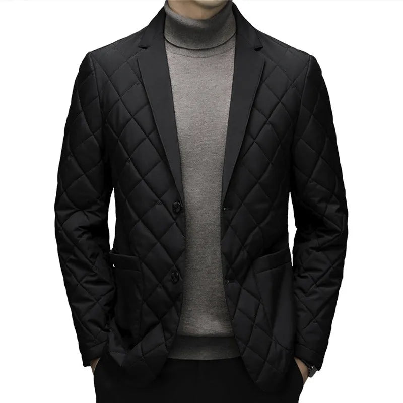 Men's thick lapel winter down jacket in black, shown with side seam pockets.