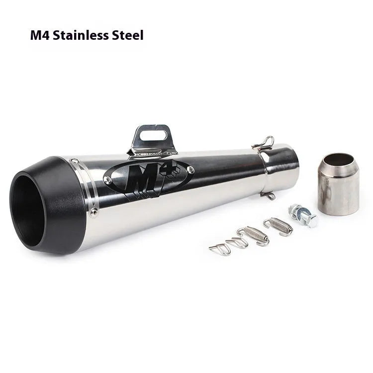 M4 universal motorcycle exhaust pipe in black, titanium, and blue finishes for large displacement bikes